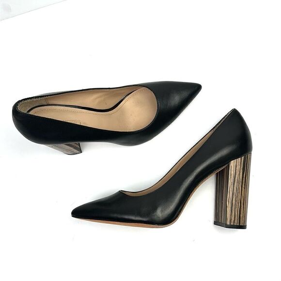 Pour La Victoire Black Leather Pointy Toe Pumps High Striped Block Heels sz 8,5 - Picture 2 of 14